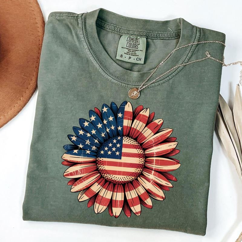 Comfort Colors America Sunflower Shirt, USA Flag Flower T-Shirt, Patriotic Sunflower Tee Hoodie, Sweatshirt | DripVista.com