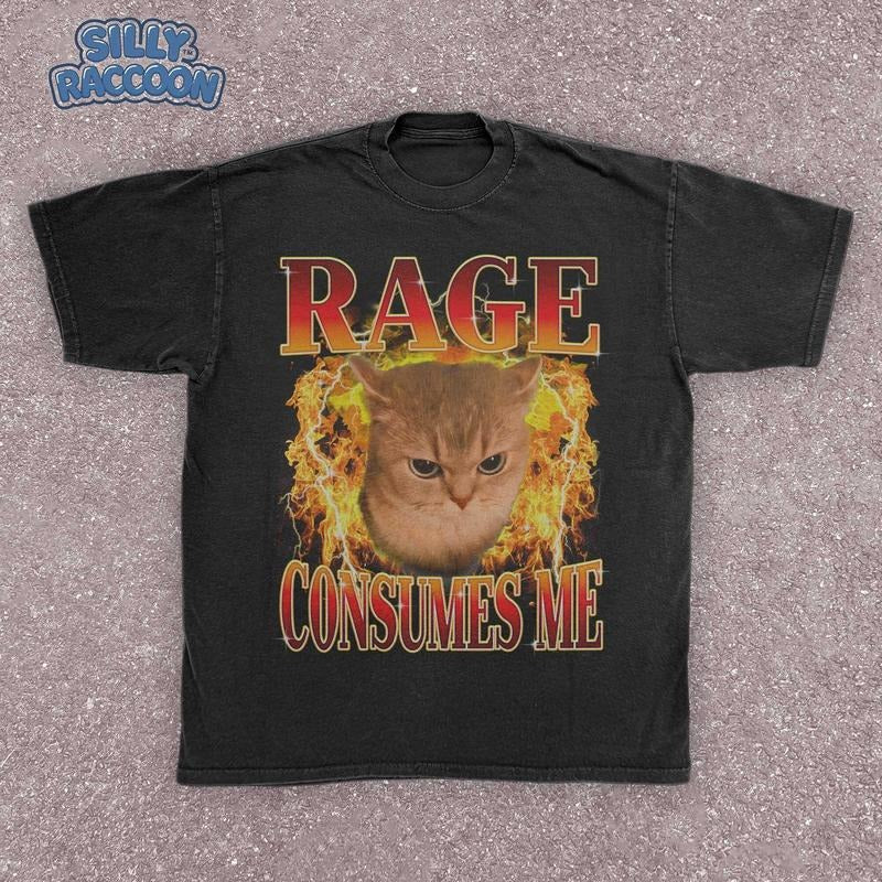Comfort Colors Angry Cat Fire T-Shirt, Rage Consumes Me Chaotic T-Shirt, Ironic Cat Meme T-Shirt, Grumpy Cat Graphic Tee, Edgy Cat Lover Gif