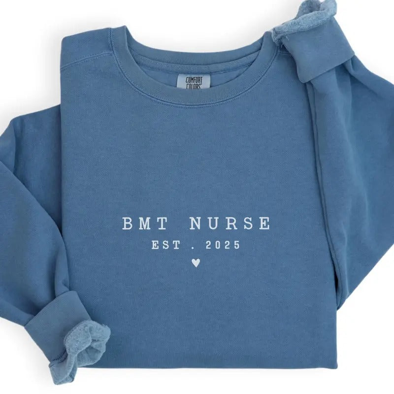 Comfort Colors BMT Nurse Sweatshirt, Bone Marrow Transplant Nurse With EST Sweater, Leukemia Nurse Tee, BMT Squad Graduation Collar Cotton Menswear Fleece