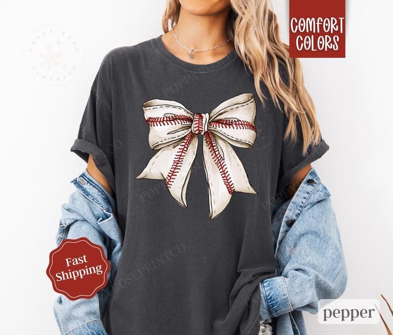 Comfort Colors Baseball Bow T-Shirt, Baseball Game Day T-Shirt for Women, Baseball Season Shirt, Baseball Mom T-Shirt, Baseball Wife Shirt