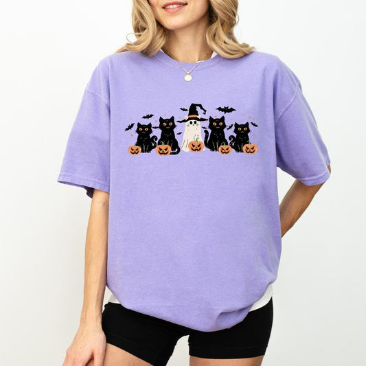 Comfort Colors Black Cats Retro Shirt, Halloween Cat Ghost Vintage Graphic Printed Tee, Spooky Season Unhinged Shirt, Cat Mama Halloween Tee, Halloween Gift, Cat Ladies Shirt, Cat Lover Women's Top, Womenswear, Cotton Fabric Relaxed Fit Chic Style