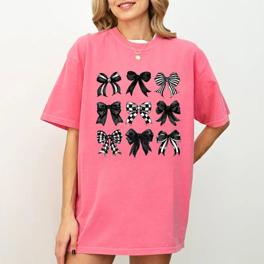 Comfort Colors Black Checkered Bow Shirt, Dark Coquette Bow Graphic T-shirt, Black Ribbons Unhinged Shirt, Halloween T-shirt For Women, Coquette Halloween Vibes T-shirt, Spooky Season Tee, Cotton Fabric Relaxed Fit Chic Style coquette clothing