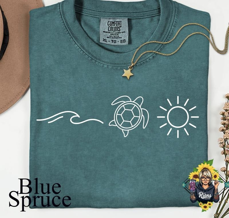 Comfort Colors Blue Spruce Ocean Themed Unisex Tshirt in Summer Style Featuring Turtle Sun & Wave Design Soft Preshrunk Cotton