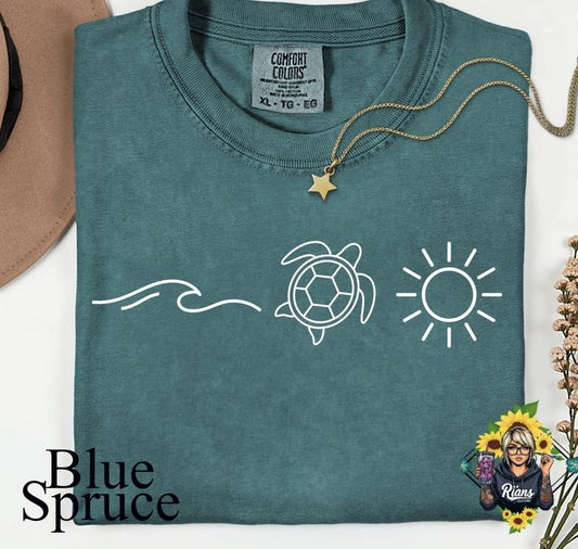 Comfort Colors Blue Spruce Ocean Themed Unisex Tshirt in Summer Style Featuring Turtle Sun & Wave Design Soft Preshrunk Cotton