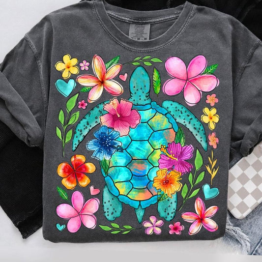 Comfort Colors Boho Floral Sea Turtle T-Shirt, Summer T-Shirt, Brushstroke Turtle Shirt, Beach T-Shirt, Fisherman Aesthetic TShirt