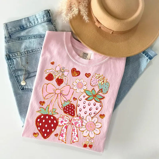 Comfort Colors Boho Strawberry Coquette T-Shirt, Preppy Summer Fruit Tee, Floral Strawberry T-Shirt, Cute Festival Aesthetic Top, Gift for Mom