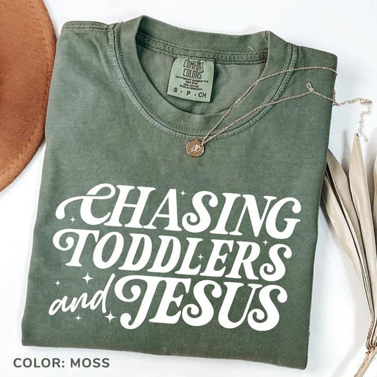 Comfort Colors Chasing Jesus And Toddlers Tshirt Christian Mom Tee Kingdom Motherhood Tee Faith-based Aesthetic Design For Tshirts