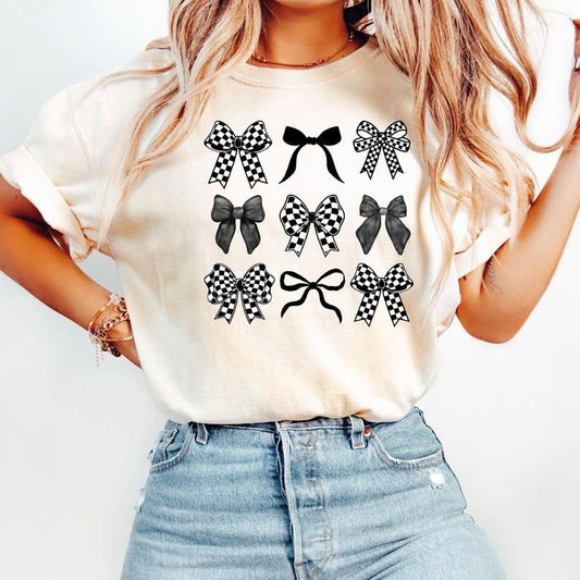 Comfort Colors Checkered Bow T-Shirt, Coquette Bow Shirt, Bows Shirt, Black Bow Shirt, Retro T-Shirt
