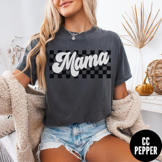 Comfort Colors Checkered Mama T-Shirt, Retro Mama Shirt, Distressed Mama Shirt, New Mom Gift, Mother's Day Gift, Pregnancy Reveal T-shirt