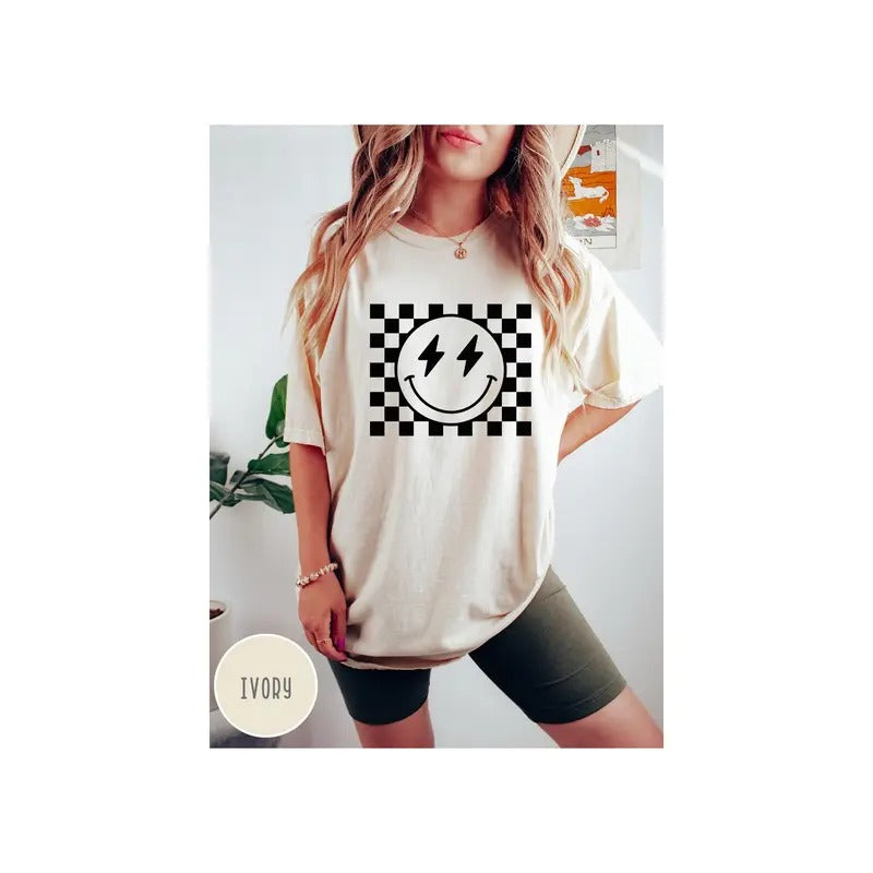 Comfort Colors Checkered Pattern Smile Face Shirtretro Smiley Face Shirtsmile Face Shirthappy Face Shirtcute Smile...
