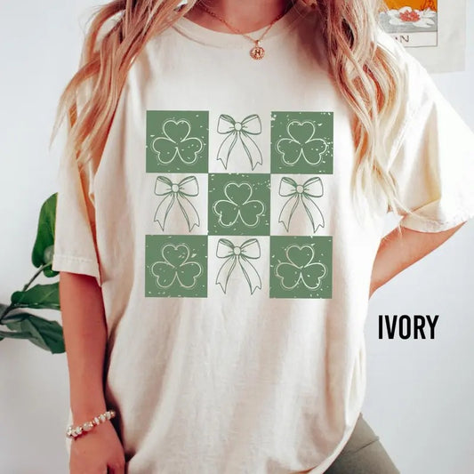 Comfort Colors Checkered St Patrick's Day Shirt, Shamrock Shirt, Coquette St Patrick's Day Shirt, Lucky Tee, Vintage Irish T-shirt Cotton Fabric