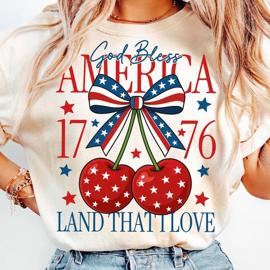 Comfort Colors Coquette America Cherries T-Shirt, July 4th T-Shirt, Girly 4th of July Shirt, Cherry Bow TShirt, Preppy America T-Shirt