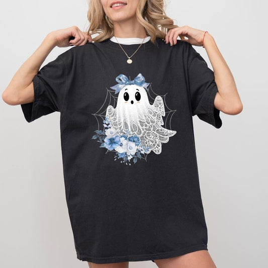 Comfort Colors Coquette Halloween Lace Ghost Shirt, Coquette Spooky Season Graphic Printed Tee, Retro Blue Floral Ghost Unhinged Shirt, Cute Lace Ghost Halloween Tee, Girly Halloween Gift, Women's Top, Womenswear, Cotton Fabric Relaxed Fit Chic Style