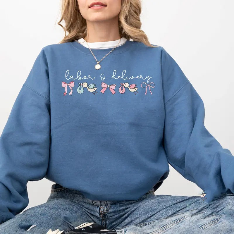 Comfort Colors Coquette Labor and Delivery Unit Sweatshirt, Baby Ob RN Sweater, L and D Nurse, Nursery Nurse Cotton Womenswear Fabric Garment