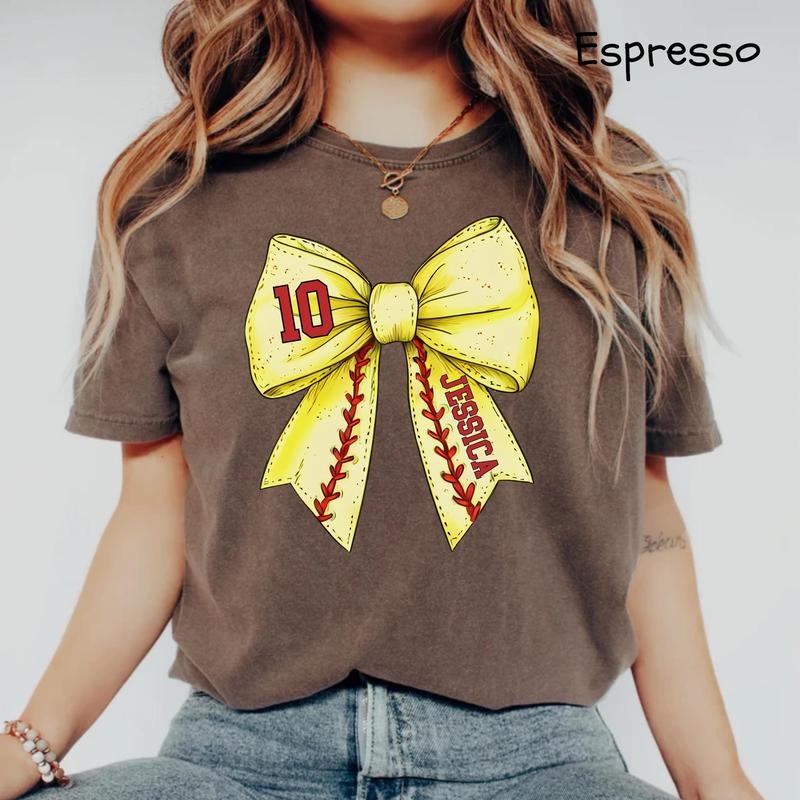 Comfort Colors Custom Softball Bow T-Shirt, Softball Mom T-Shirt With Kids Name & Jersey Number, Softball Wife T-Shirt, Cute Softball Mama T-Shirt, Softball Season