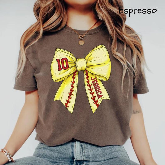 Comfort Colors Custom Softball Bow T-Shirt, Softball Mom T-Shirt With Kids Name & Jersey Number, Softball Wife T-Shirt, Cute Softball Mama T-Shirt, Softball Season