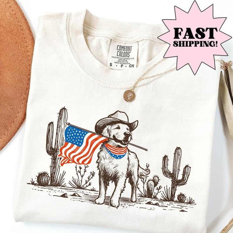 Comfort Colors Dog T-Shirt, 4th of July Shirt, USA Sweatshirt, Western Shirt, Fourth of July Shirt, American Flag Shirt,...