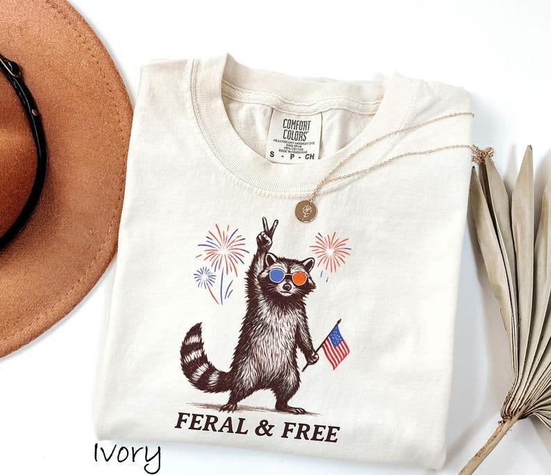 Comfort Colors Feral But Free Raccoon Shirt, Funny 4th FOG July Tee, Patriotic Raccoon Shirt, Independence Day Outfit,...