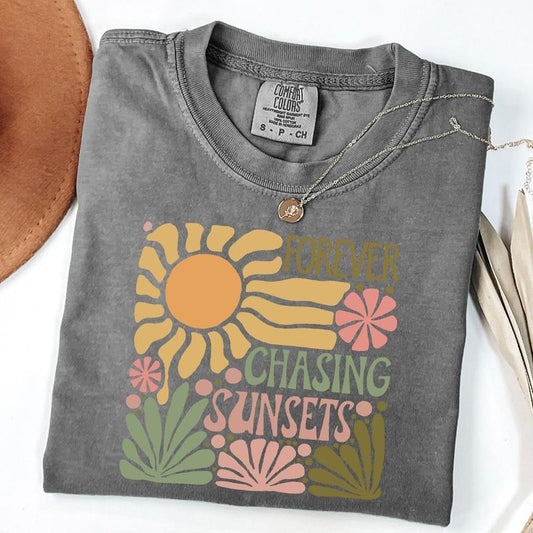 Comfort Colors Forever Chasing Sunset T-Shirt, Bobo Floral Tee, Retro Summer Tshirt, Beach Shirt