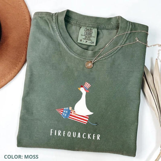 Comfort Colors Funny Fourth of July Shirt, Firequacker Goose Tee, USA Comfort Colors Patriotic Women Oversized T-Shirt, Summer Outfits