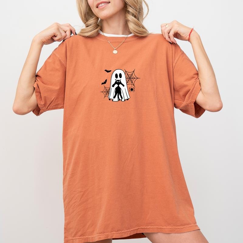 Comfort Colors Ghost Black Cats Halloween Shirt, Ghost Cat Halloween Graphic Printed Tee, Black Cat Unhinged Shirt, Spooky Season T-shirt, Cat Mom Halloween Tee, Funny T-shirt For Women, Women's Top, Womenswear, Cotton Fabric Relaxed Fit Chic Style