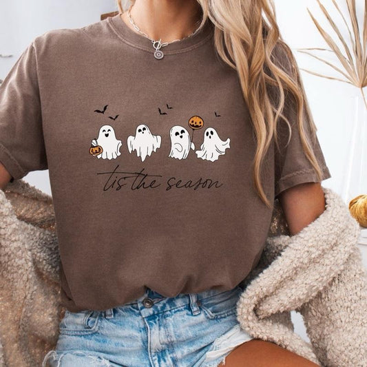 Comfort Colors Ghosty Season Women's Short Sleeve Eve T-Shirt with Cute Ghosts Design "tis the season"