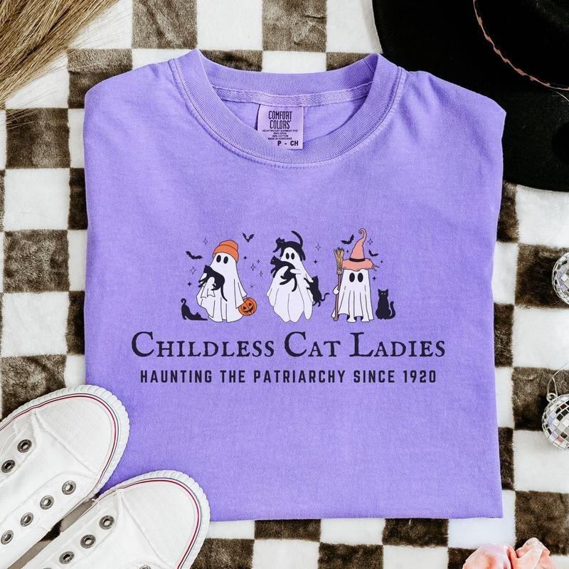 Comfort Colors Halloween Childless Cat Lady Shirt, Cute Ghosts for Kamala Harris the Patriarchy Feminism Shirt, Spooky...
