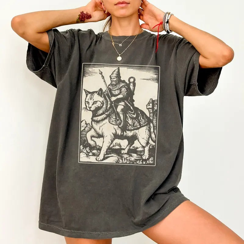 Comfort Colors Knight Riding Cat Shirt, Funny Meme Knight Kitten Tshirt, Vintage Dark Art Tops, Cat Lover Gift, Cat Mom...
