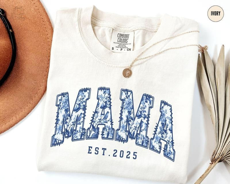 Comfort Colors Mama Est. T-Shirt, Toile De Jouy Custom Mama T-Shirt, Personalized Mothers Day Guft, New Mom Baby Announcement, Floral Mama TShirt