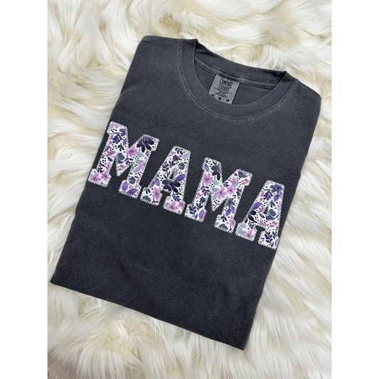 Comfort Colors Mama Purple Floral Applique Short Sleeve Shirt Simple Mama Top, Gift for Mom, Personalized Mama Shirt