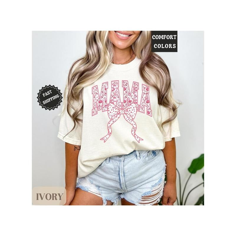 Comfort Colors Mama Shirt, Pink Ribbon Shirt, Mothers Day Gift, Girly Aesthetic Gift For Mom, Cute Mom Shirt, Bow Shirt, Chinoiserie Shirt