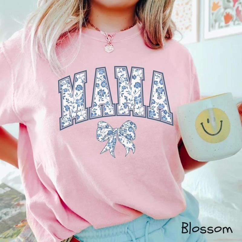 Comfort Colors Mama T-Shirt, Blue Ribbon T-Shirt, Mothers Day Gift, Girly Aesthetic Gift For Mom, Cute Mom Shirt, Bow Shirt, Chinoiserie T-Shirt