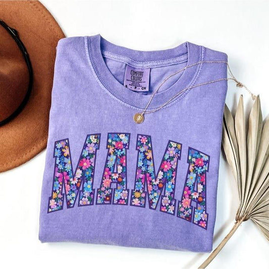 Comfort Colors Mama T-Shirt, Floral Mom Spring Tee, Trendy Mom Tshirt, Women's Flower Mama TShirt, Spring Pregnancy Reveal Gift for New Mom