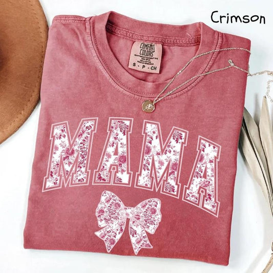 Comfort Colors Mama T-Shirt, Pink Ribbon T-Shirt, Mothers Day Gift, Girly Aesthetic Gift For Mom, Cute Mom T-Shirt, Bow T-Shirt, Chinoiserie T-Shirt