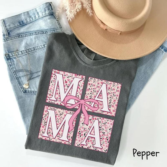 Comfort Colors Mama T-Shirt, Pink Ribbon T-Shirt, Mothers Day Gift, Girly Aesthetic Gift For Mom, Floral Mom Shirt, Bow T-Shirt, Chinoiserie T-Shirt