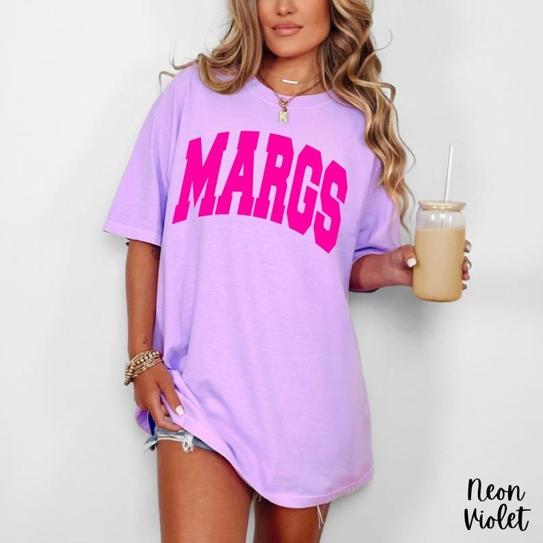 Comfort Colors Margs Tee, Neon Margaritas Shirt, Trendy Summer Vacation Top, Preppy Oversized Beach Graphic, Fun Coastal...