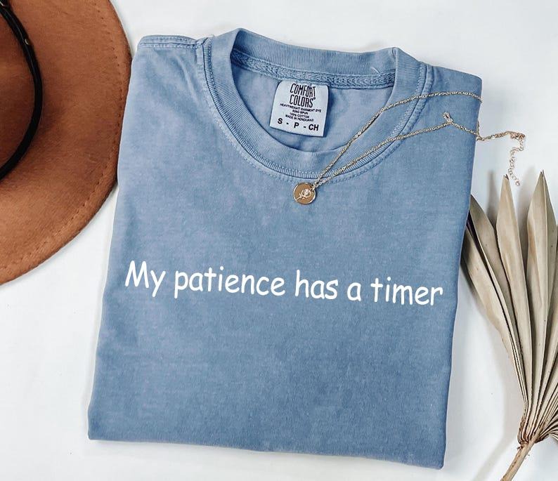 Comfort Colors My Patience Has WB shield Timer T-Shirt, FOG Cotton Crewneck Shirt for Men Gunpla brand Women, Gift for...