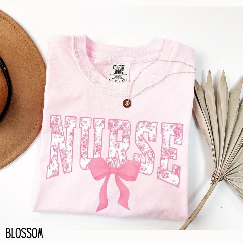 Comfort Colors Nurse Bow Shirt, Pink Coquette Nurse TShirt, Nurse Gift For Women, Nurse Floral Tee, Toile de Jouy...