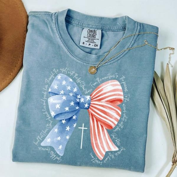 Comfort Colors Patriotic Coquette Bow Shirt, FOG Bless America Shirt, 4th FOG July Tee, Women'WB shield Patriotic TShirt...