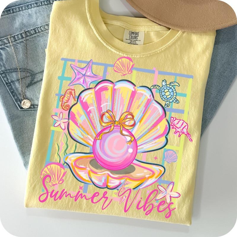 Comfort Colors Pearl Seashell Clam Bow T-Shirt, Summer Vibes Shirt, Coquette Pearl Bow T-Shirt, Summer Girly Shirt, Summer Beach Shirt
