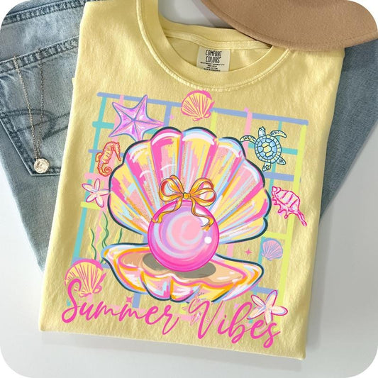 Comfort Colors Pearl Seashell Clam Bow T-Shirt, Summer Vibes Shirt, Coquette Pearl Bow T-Shirt, Summer Girly Shirt, Summer Beach Shirt