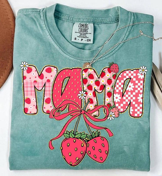 Comfort Colors Preppy Mama Strawberry Coquette Bow T-Shirt, Cute Strawberry Floral Mama T-Shirt, Everyday T-Shirt, Custom Preppy Mama