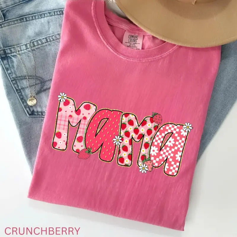 Comfort Colors Preppy Mama Strawberry Glitter Shirt Cute Strawberry Floral Mama Tee, Strawberry Mama Shirt, Gift Your Mom, Mother's Day