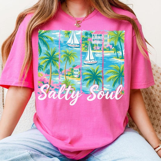 Comfort Colors Preppy Summer Salty Soul T-Shirt, Pink Hot Beach Shirt, Beach vibes Brushstroke T-Shirt, Aesthetic Summer Shirt, Trendy Summer TShirt