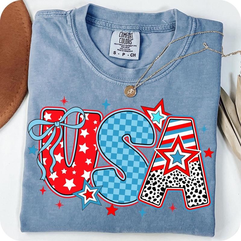 Comfort Colors Preppy USA Coquette T-Shirt, Retro USA Shirt, 4th of July T-Shirt, America Brushstroke Shirt, Girly USA T-Shirt,  America T-Shirt