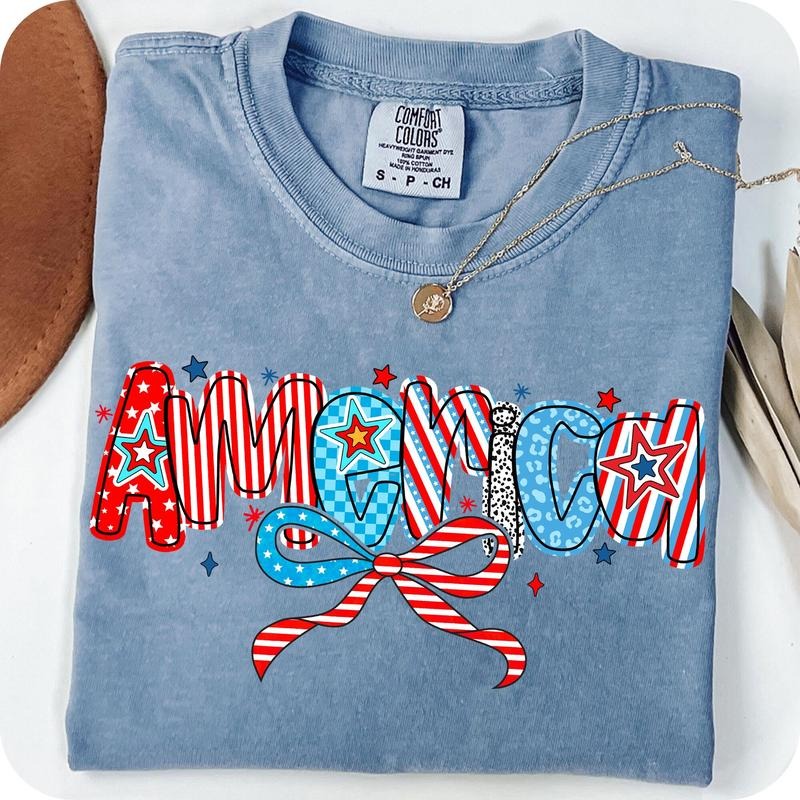 Comfort Colors Retro America Flag Coquette T-Shirt, 4th of July Shirt, America T-Shirt, Memorial Day T-Shirt, Girly USA Shirt, Independence Day Shirt