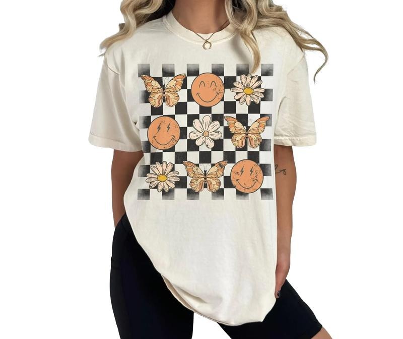 Comfort Colors Retro Checkers Smiley Faces And Butterflies Graphic Tee, Trendy Checkered Vintage Vibe Shirt Hoodie,...