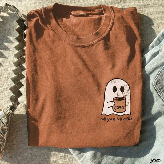 Comfort Colors Retro Cute Spooky Coffee Shirt, Half Ghost Half Coffee Pocket Tee, Spooky Season, Fall Coffee Lover Gift for Her, Halloween