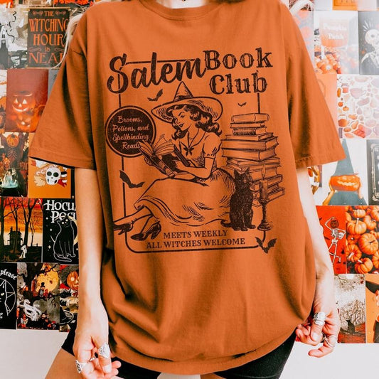 Comfort Colors Retro Salem Book Club Shirt, Bookish Halloween Tee, Black Cat Spooky Book Lover Shirt, Salem Witches, Spooky Season Fall Bookish Things