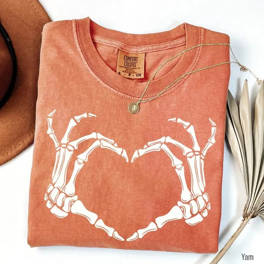 Comfort Colors Skeleton Hand Shirt, Halloween Shirt, Spooky Season Shirt, Halloween Gift Cotton Fabric Top Traditional Womenswear Collar